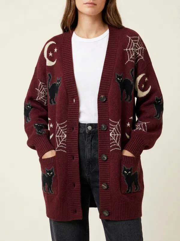 Women's Halloween Black Cat Moon Spiderweb Printed Cardigan