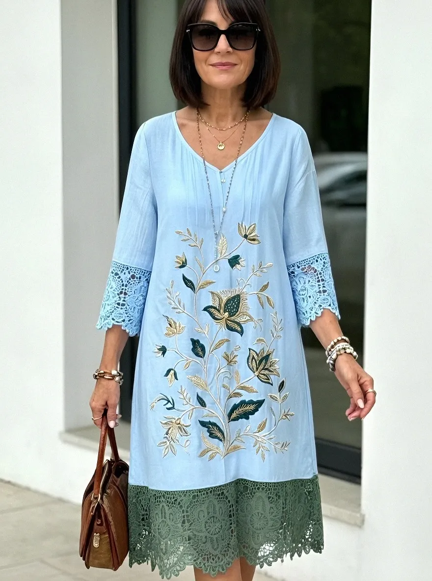 Women's Summer Vacation Floral Embroidery Lace Trim Printed Dress