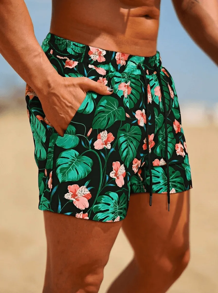 Green Floral Print Swim Swim Shorts