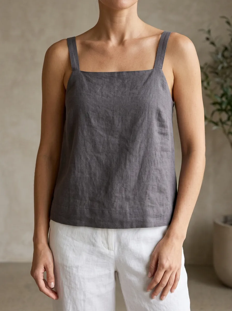 Women's Square Neck Wide Strap Linen Camisole Top
