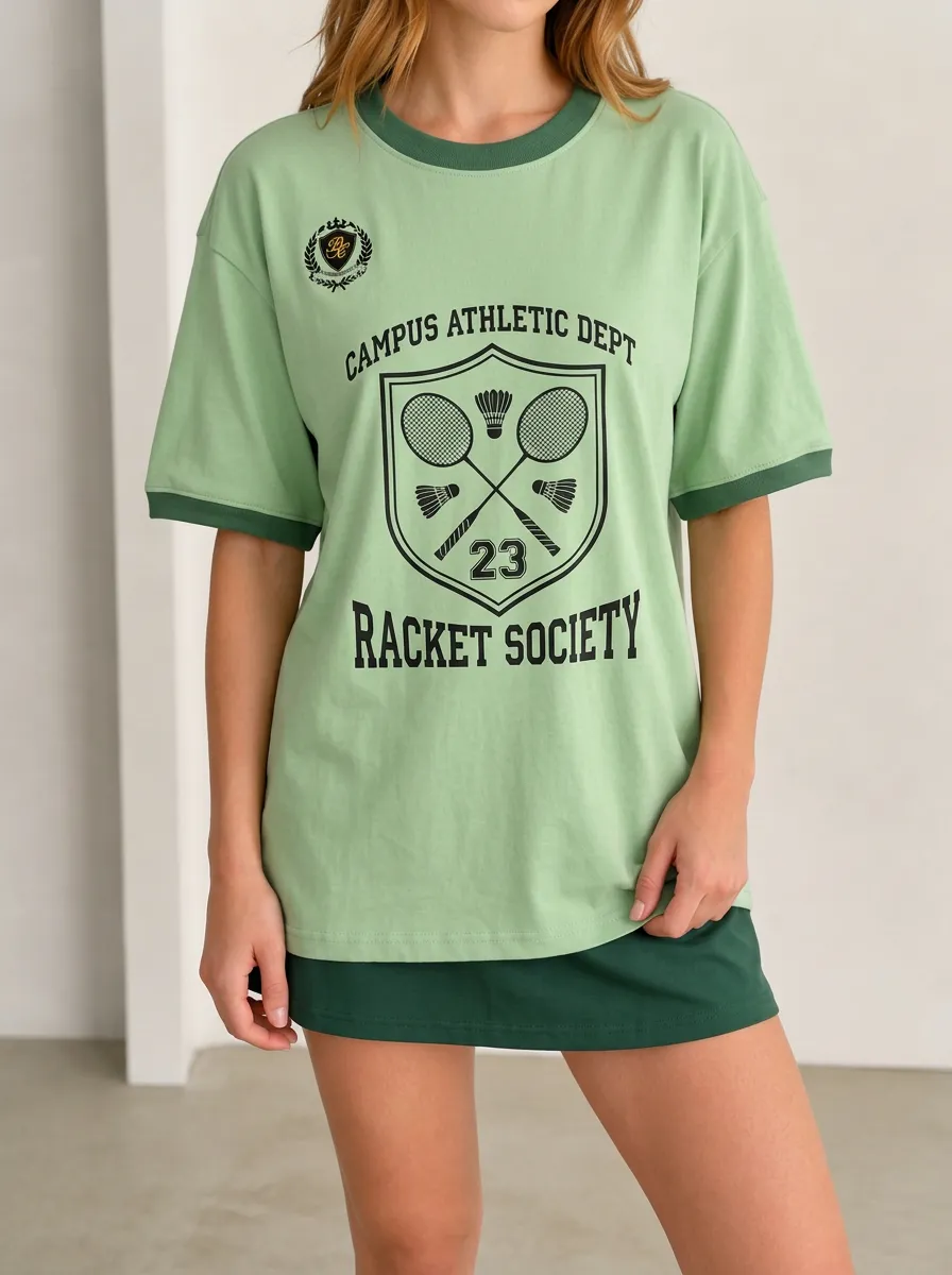 Women's Badminton Lover Campus Athletic Racket Society Printed T-shirt