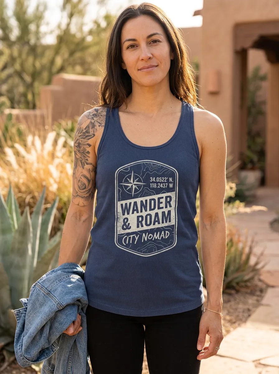 Women's Wander Roam Compass Coordinates Printed Tank Top