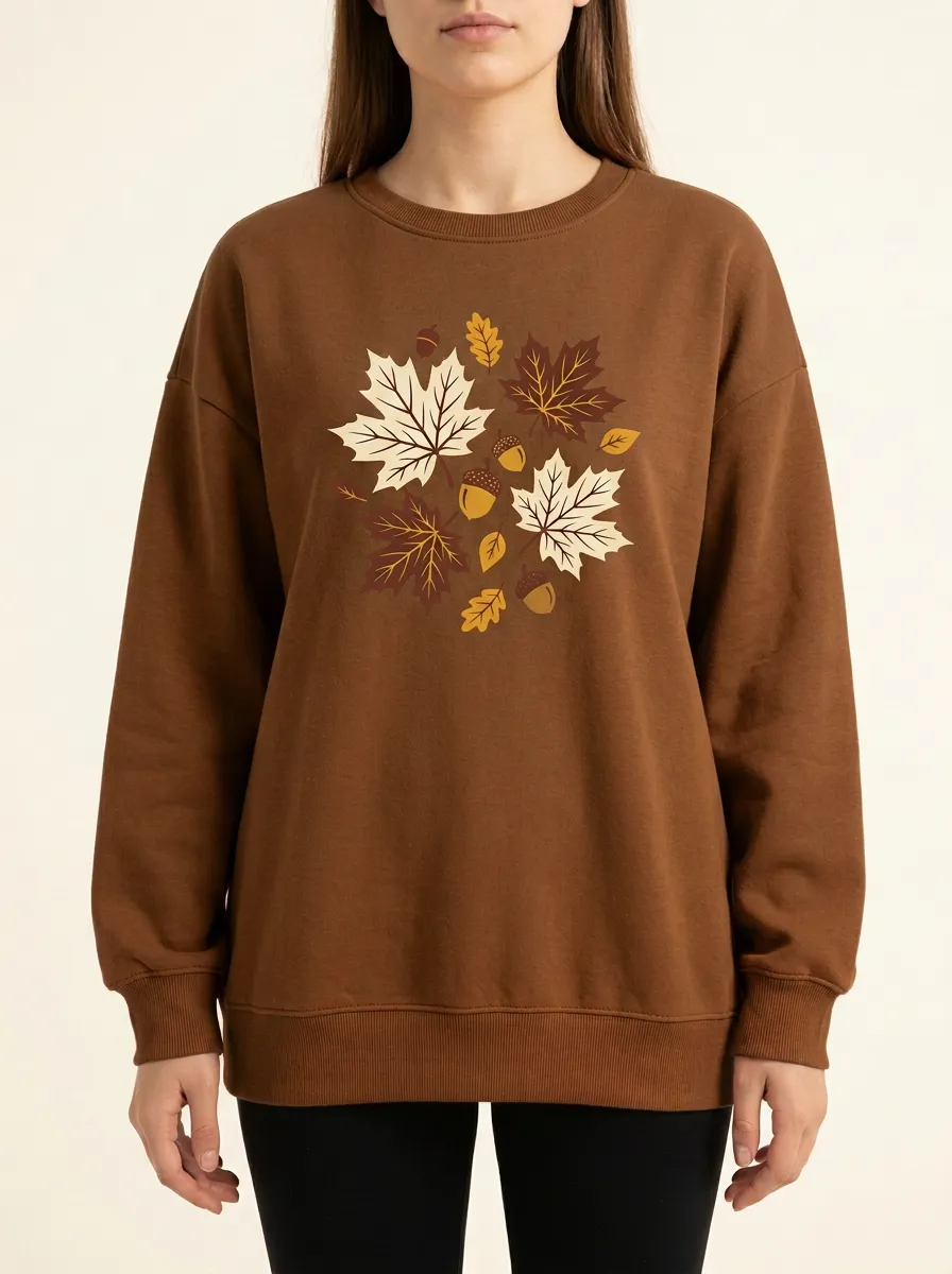 Classic Pattern Maple-Leaf Printed Acorn Graphic Sweatshirt