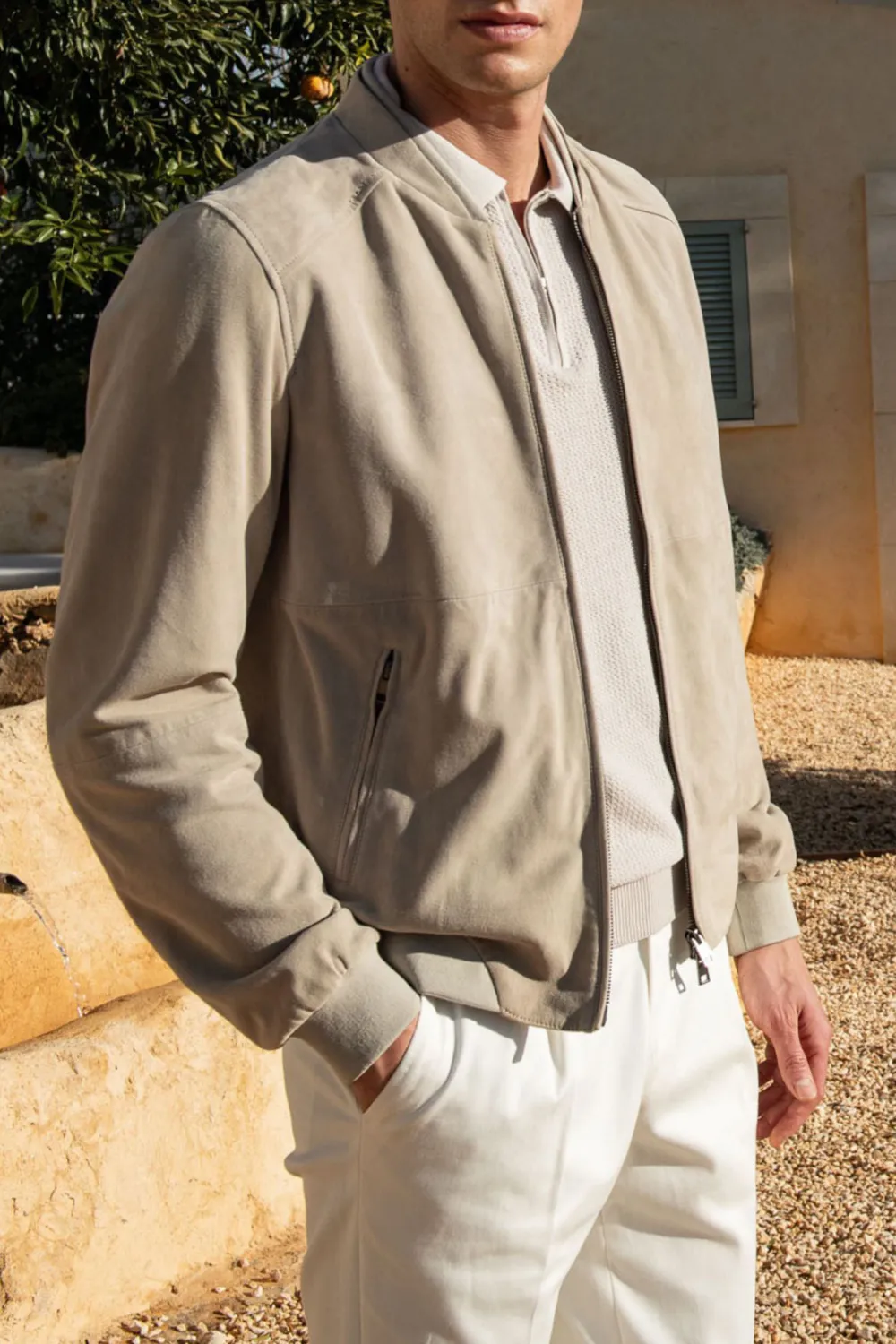Stone Soft Suede Bomber Jacket