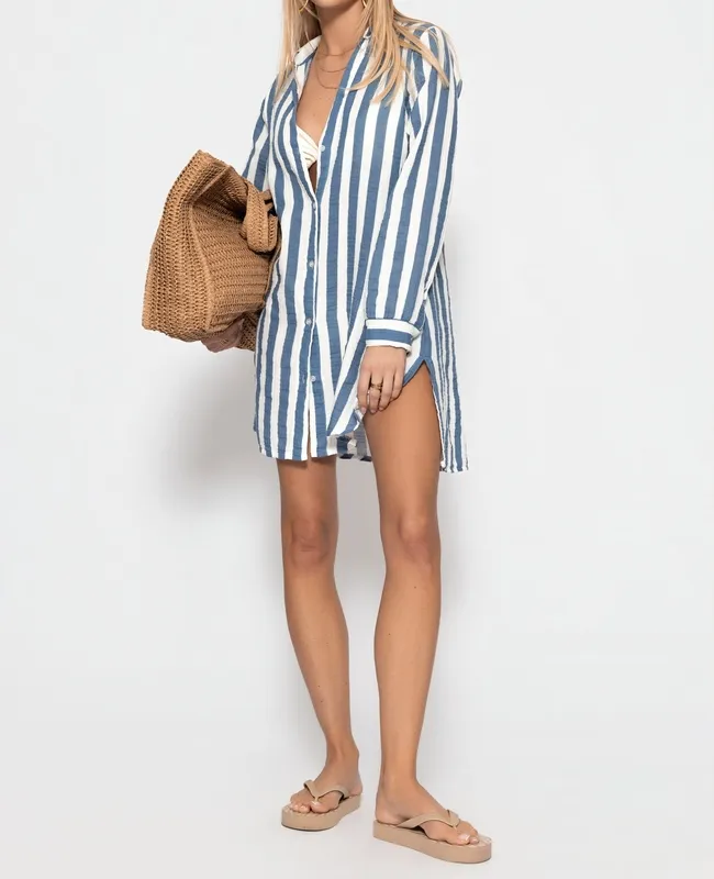Denim Blue Off White Striped Midi Dress