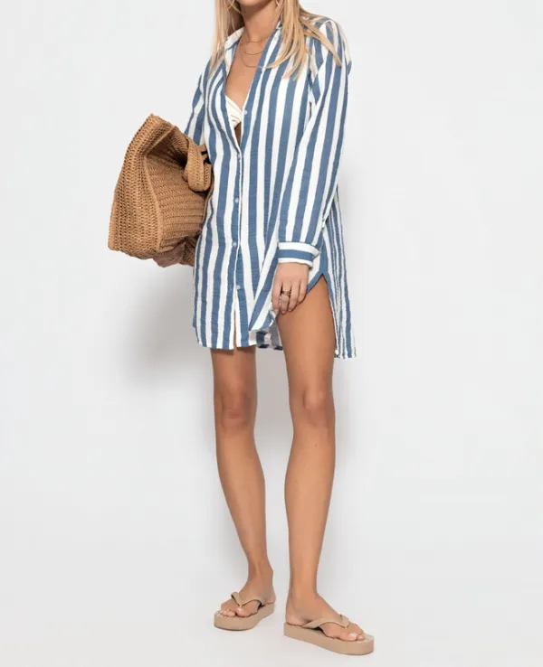 Denim Blue Off White Striped Midi Dress