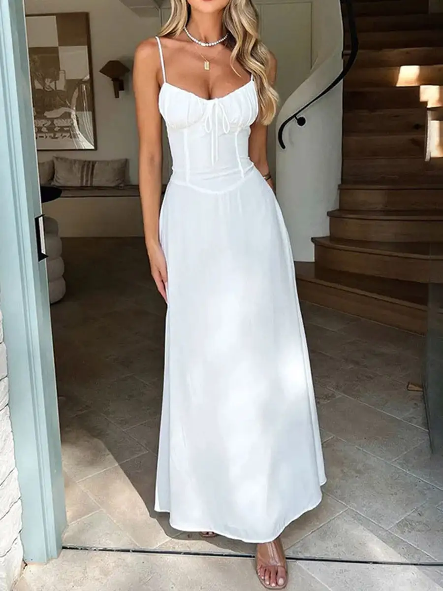 Drawstring Pleated Neck Maxi Dress