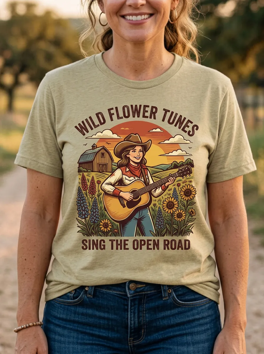 Rustic Country Music Cowgirl Guitar Crew Neck T-Shirt