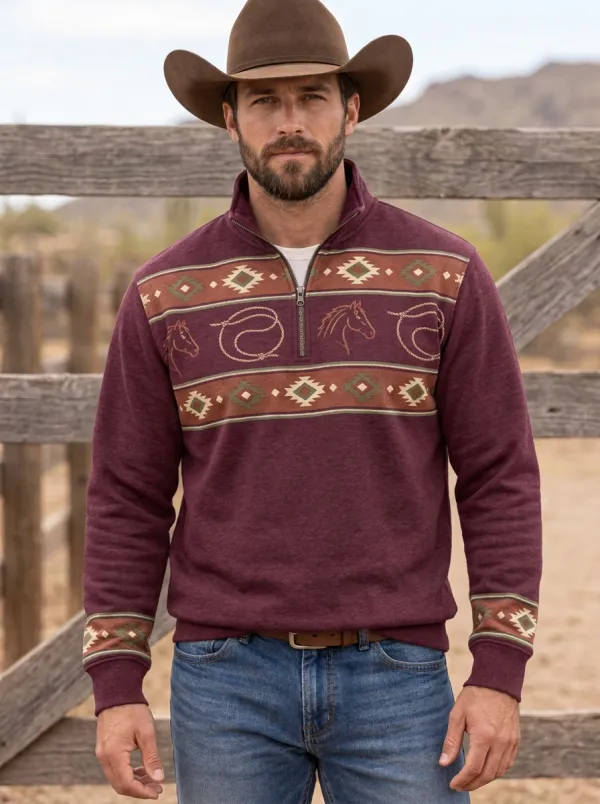 Men's Western Cowboy Horse Lasso Quarter-Zip Sweatshirt