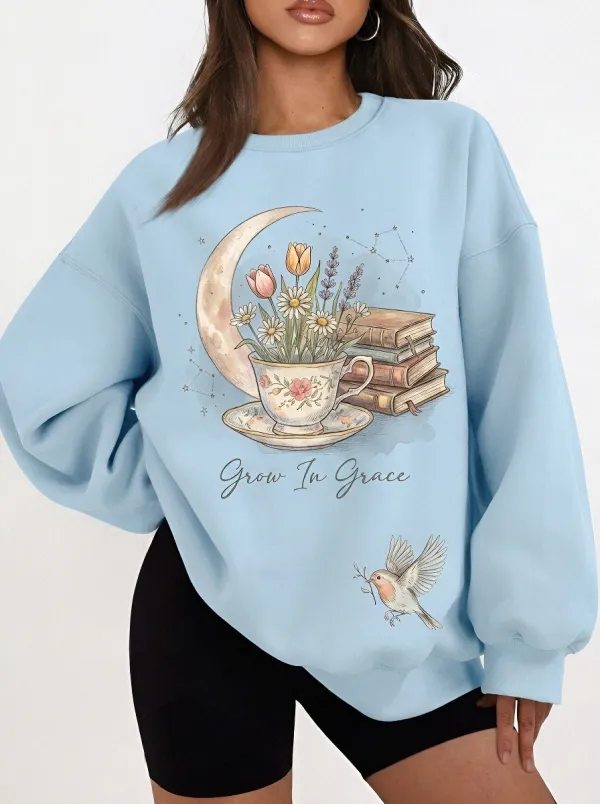 Women's Book Lover Floral Teacup Moon Printed Sweatshirt