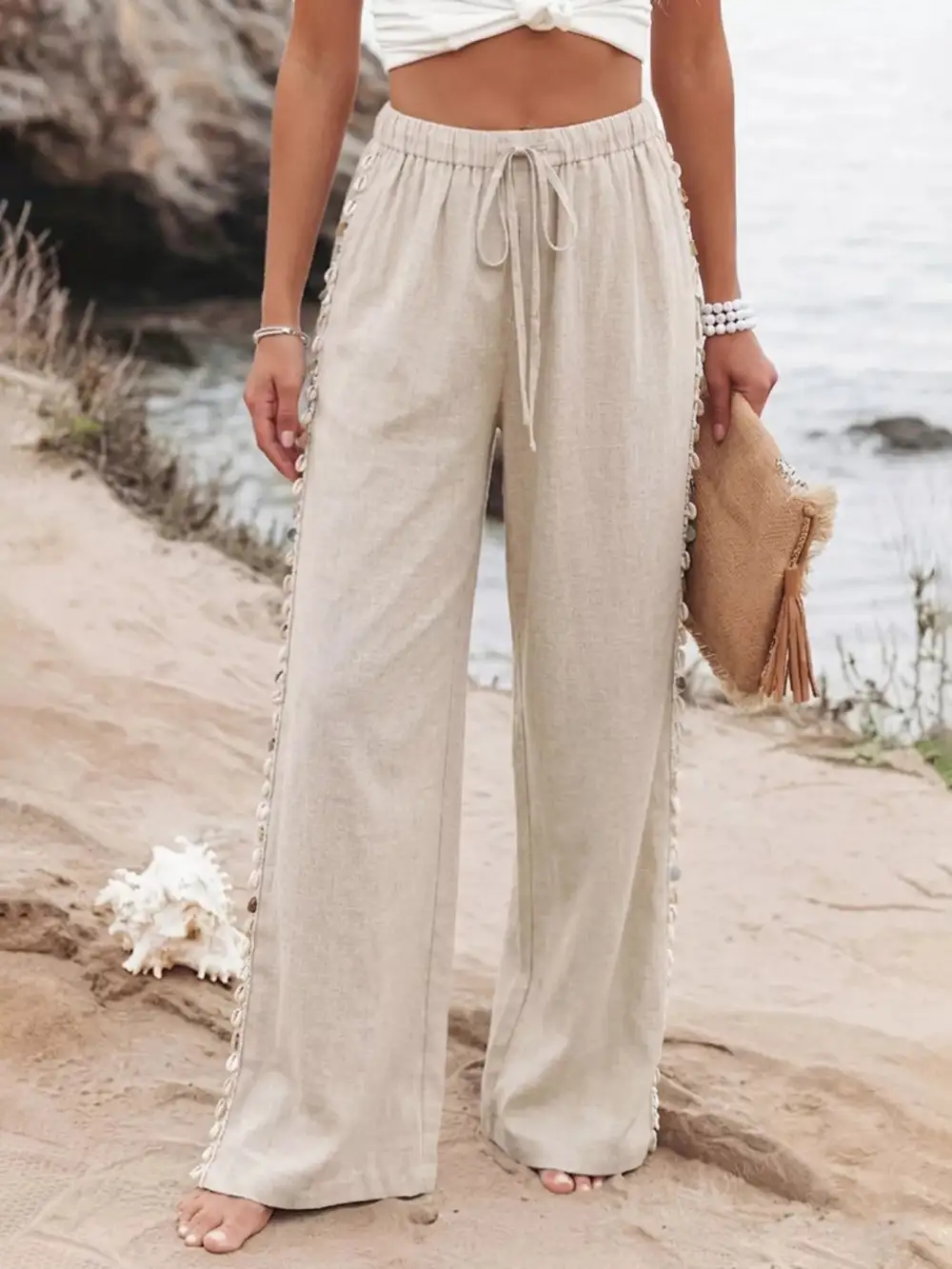 Linen Blend Wide Leg Drawstring Pants