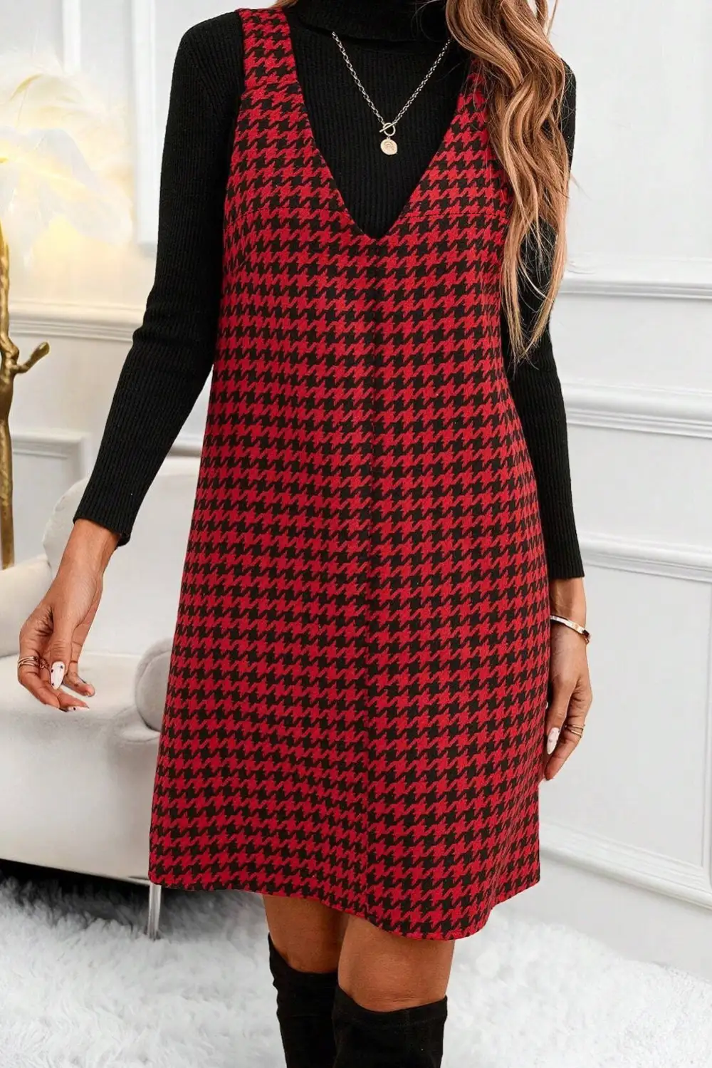 Finish Houndstooth Printed V Neck Mini Dress