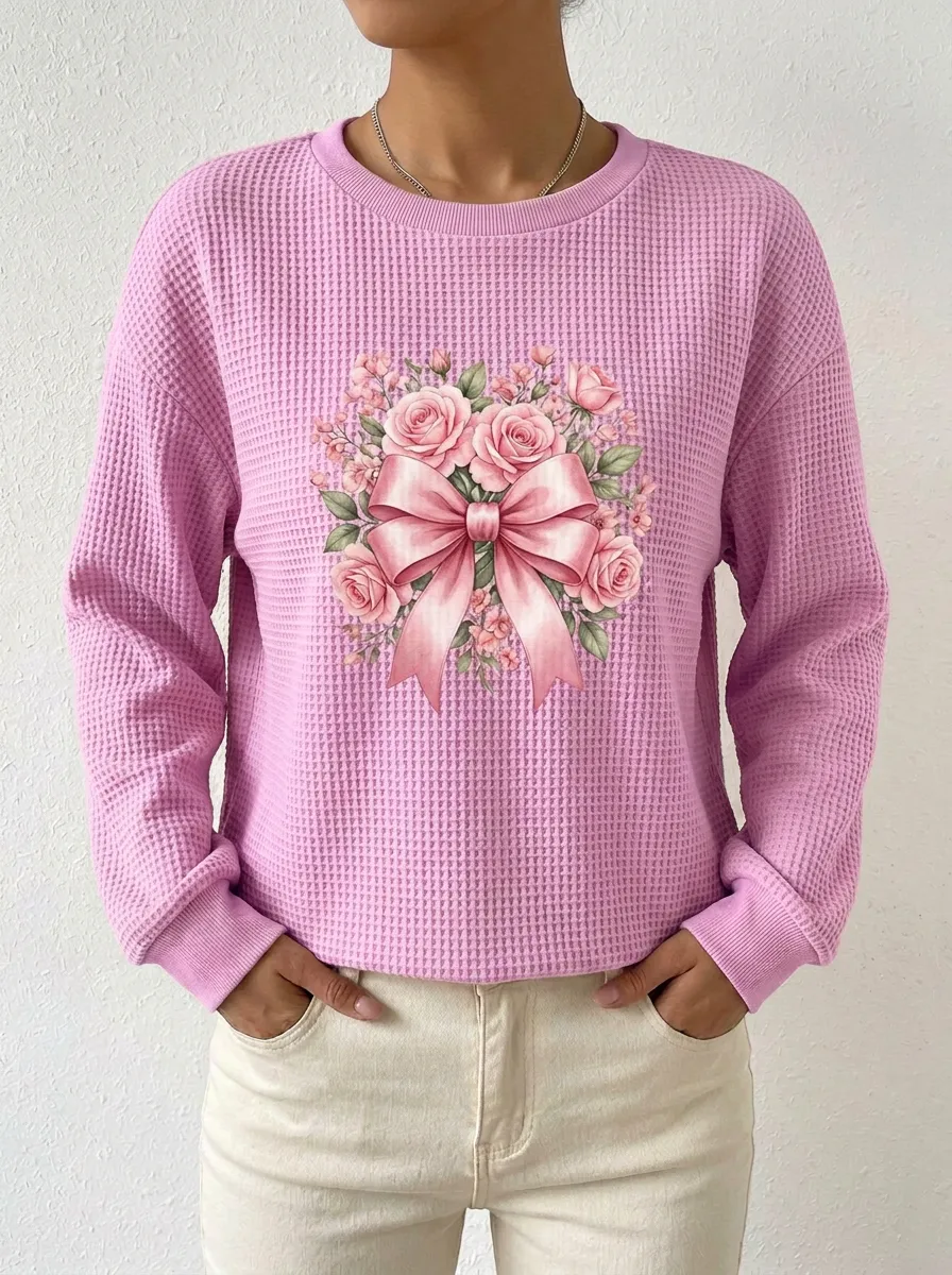 Rose Botanical Women's Breast Cancer Awareness Waffle Sweatshirt