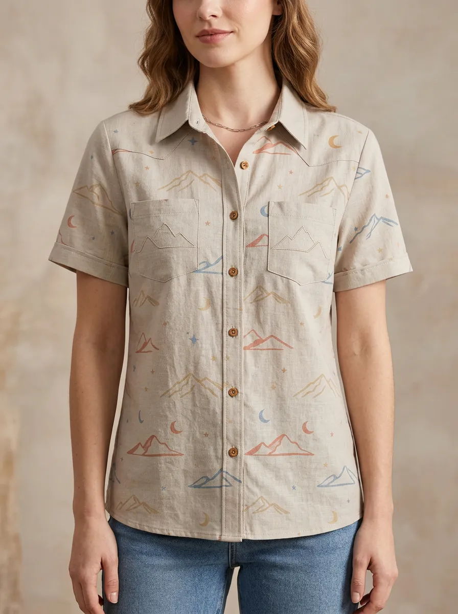 Women's Western Boho Mountain Moon Star Printed Short Sleeve Shirt