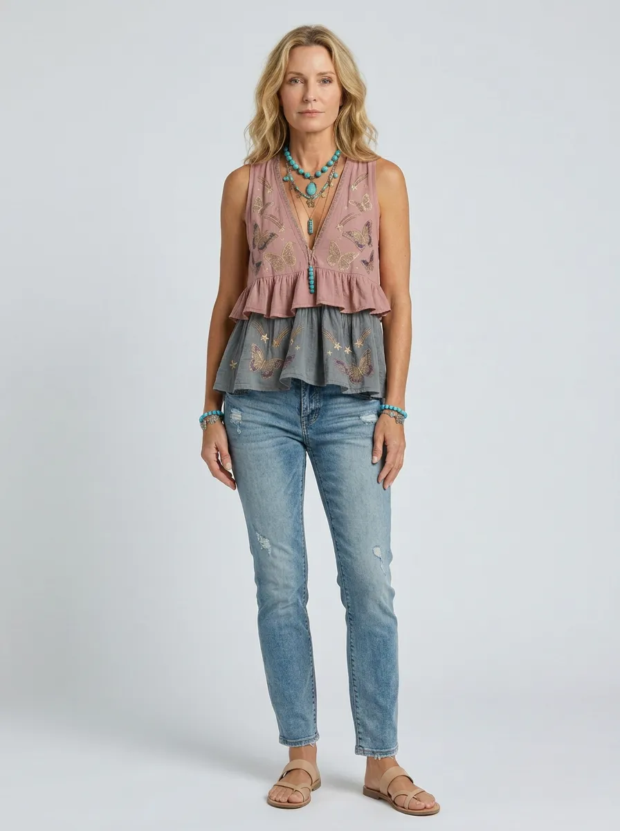 Women's Boho Butterfly Star Printed Sleeveless Top