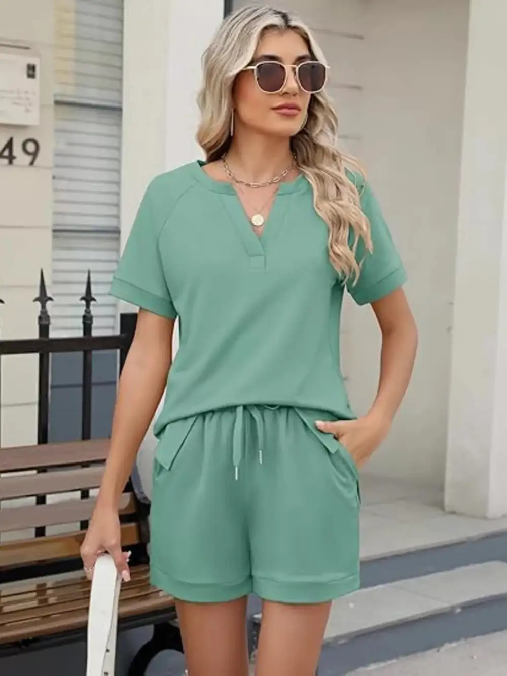 Short Sleeve Top Shorts Two Piece Set