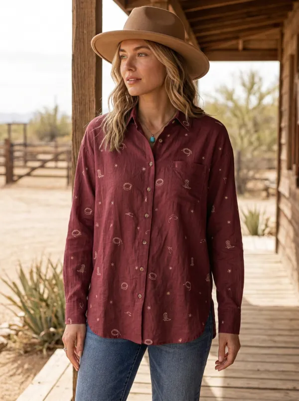 Women's Western Sage Green Western Motif Button-Down Shirt