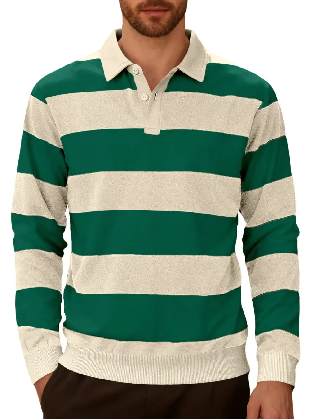 Men's Striped Rugby Polo With A Classic Collar Two-button Placket And Ribbed Hem