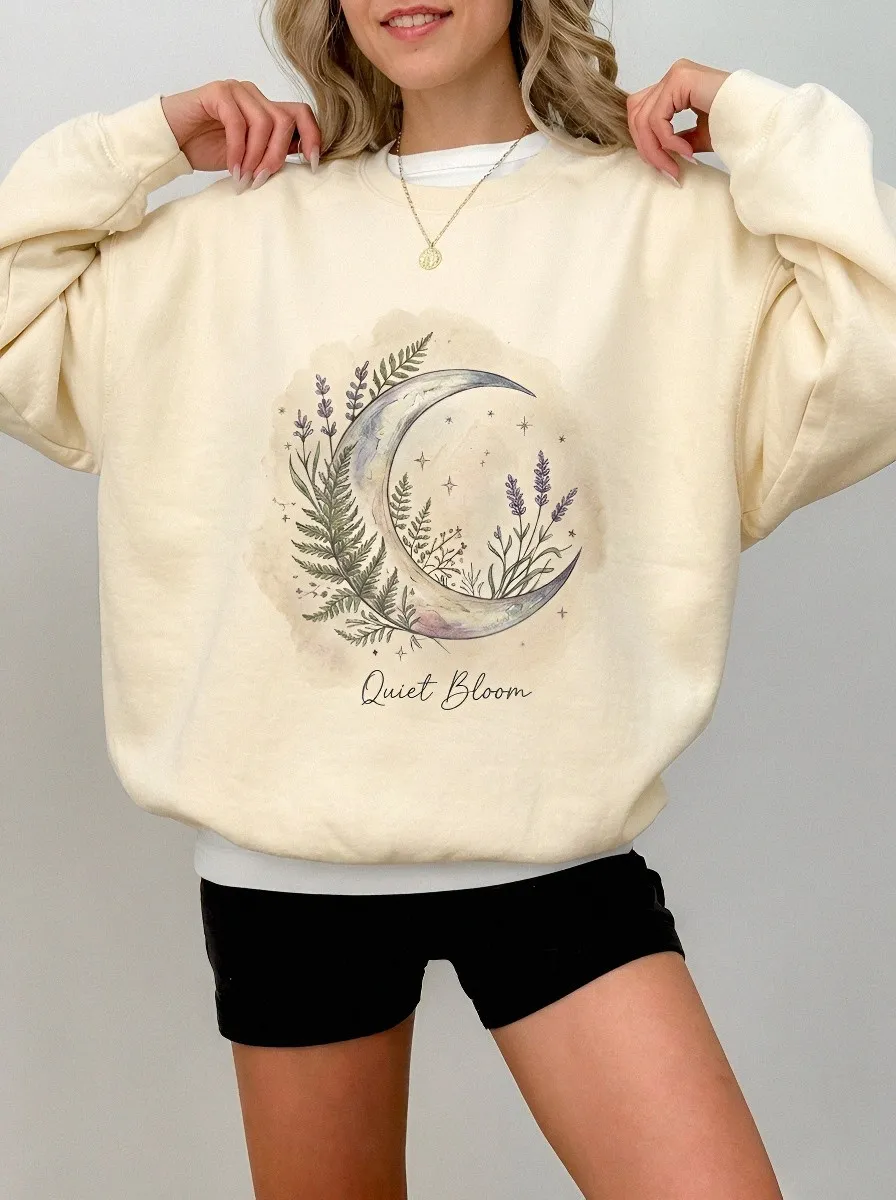 Women's Celestial Botanical Quiet Bloom Crescent Moon Printed Sweatshirt
