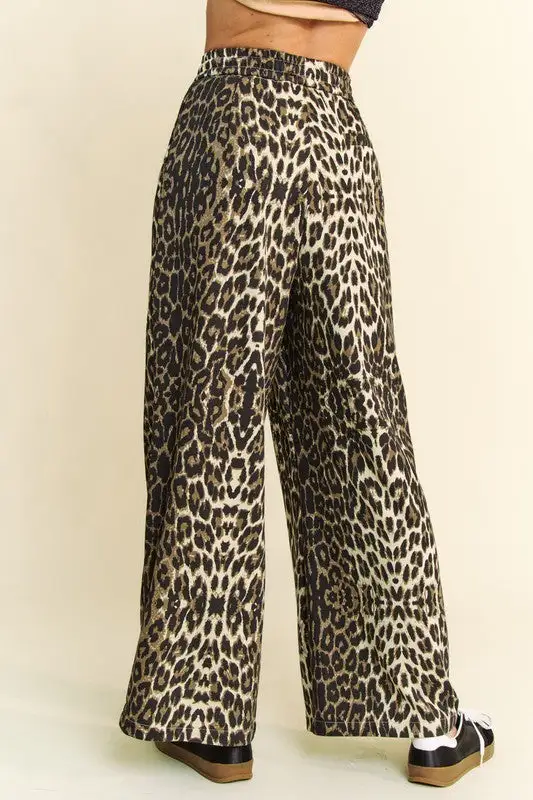 Sequin Leopard Print Wide Leg Relaxed Fit Pants
