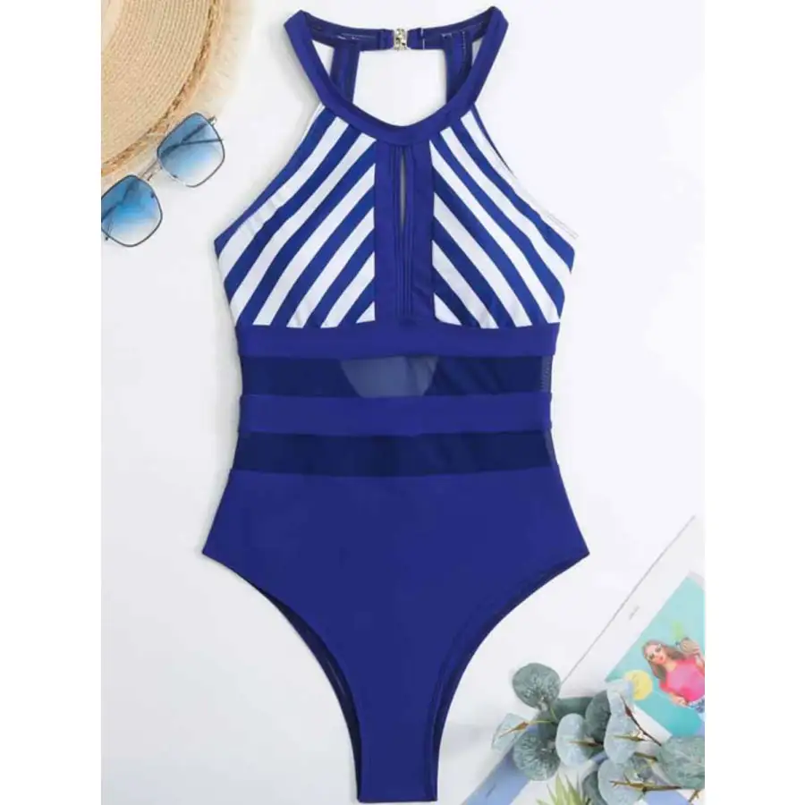 Women's Backless Mesh Striped One-Piece Swimsuit