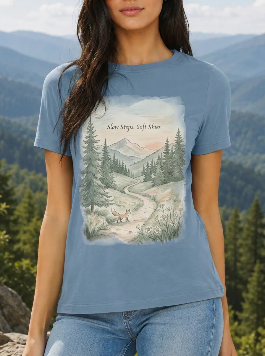 Women's Nature Lover Fox Mountain Forest Printed T-shirt