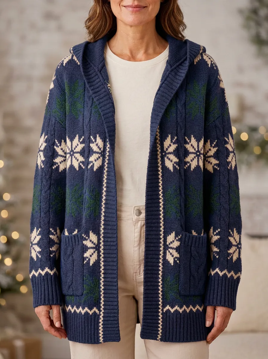 Festive Christmas Snowflake Pattern Knit Hooded Cardigan