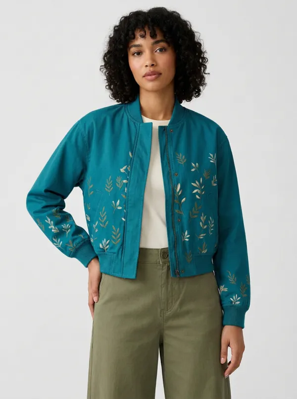 Women's Botanical Leaf Pattern Bomber Jacket