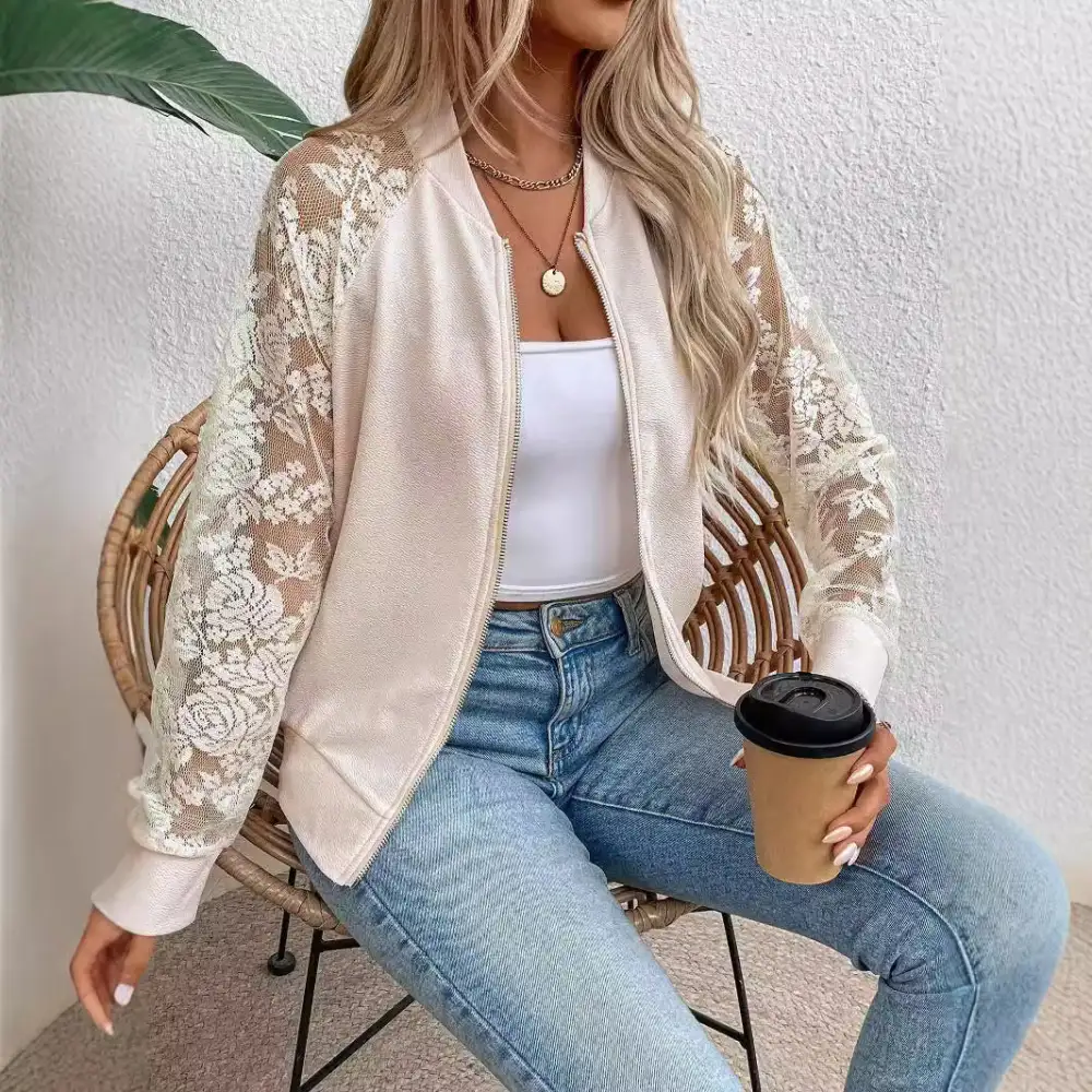 Floral Detail Zip Front Bomber Jacket