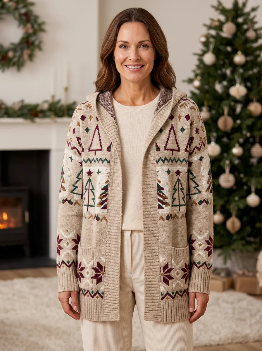 Christmas Holiday Fair Isle Tree Pattern Print Hooded Cardigan