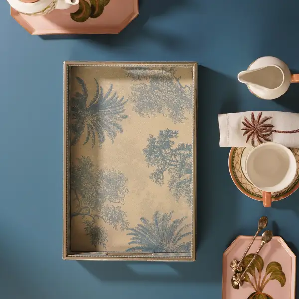 Blue Rectangular Faux Leather Tray