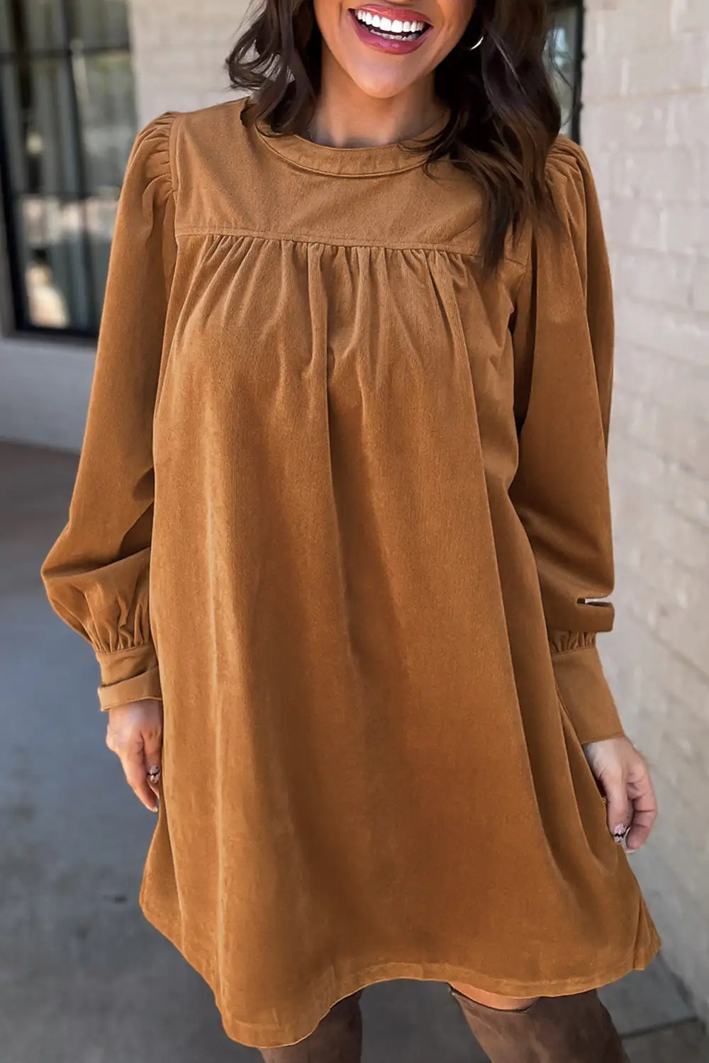 Pleated Puff Sleeve Shift Mini Dress