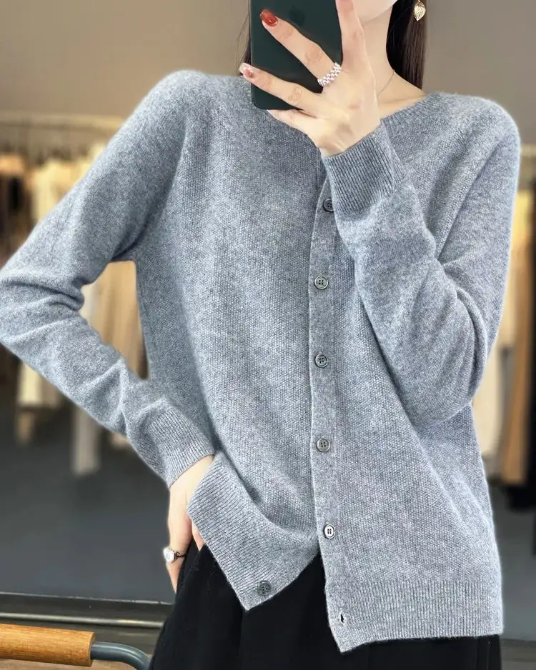 Refined Wool Button-Front Round-Neck Cardigan