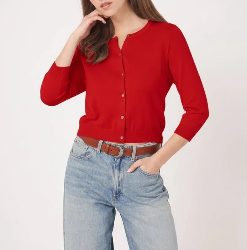 Cotton Button-Front Three-Quarter Sleeve Ribbed Cardigan