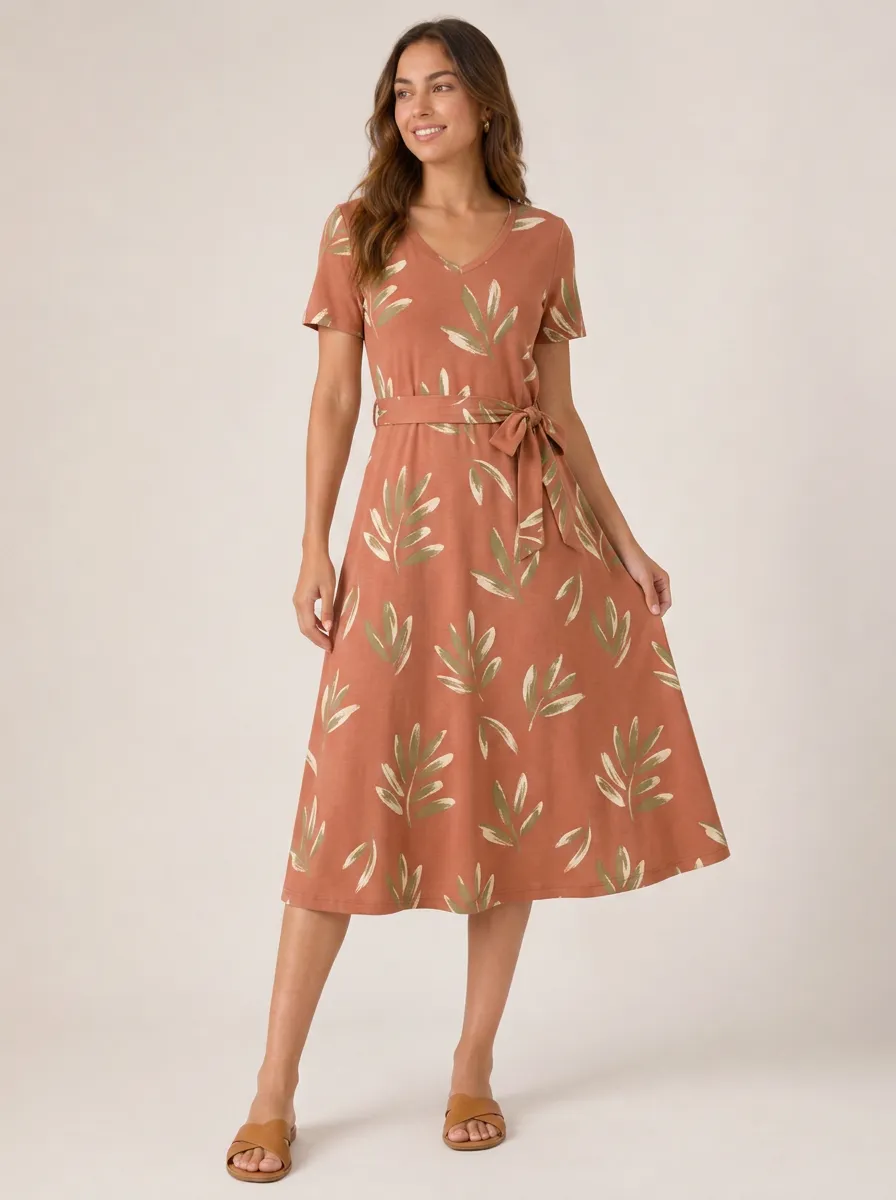 Women's Botanical Leaf Pattern Printed V-neck Midi Dress