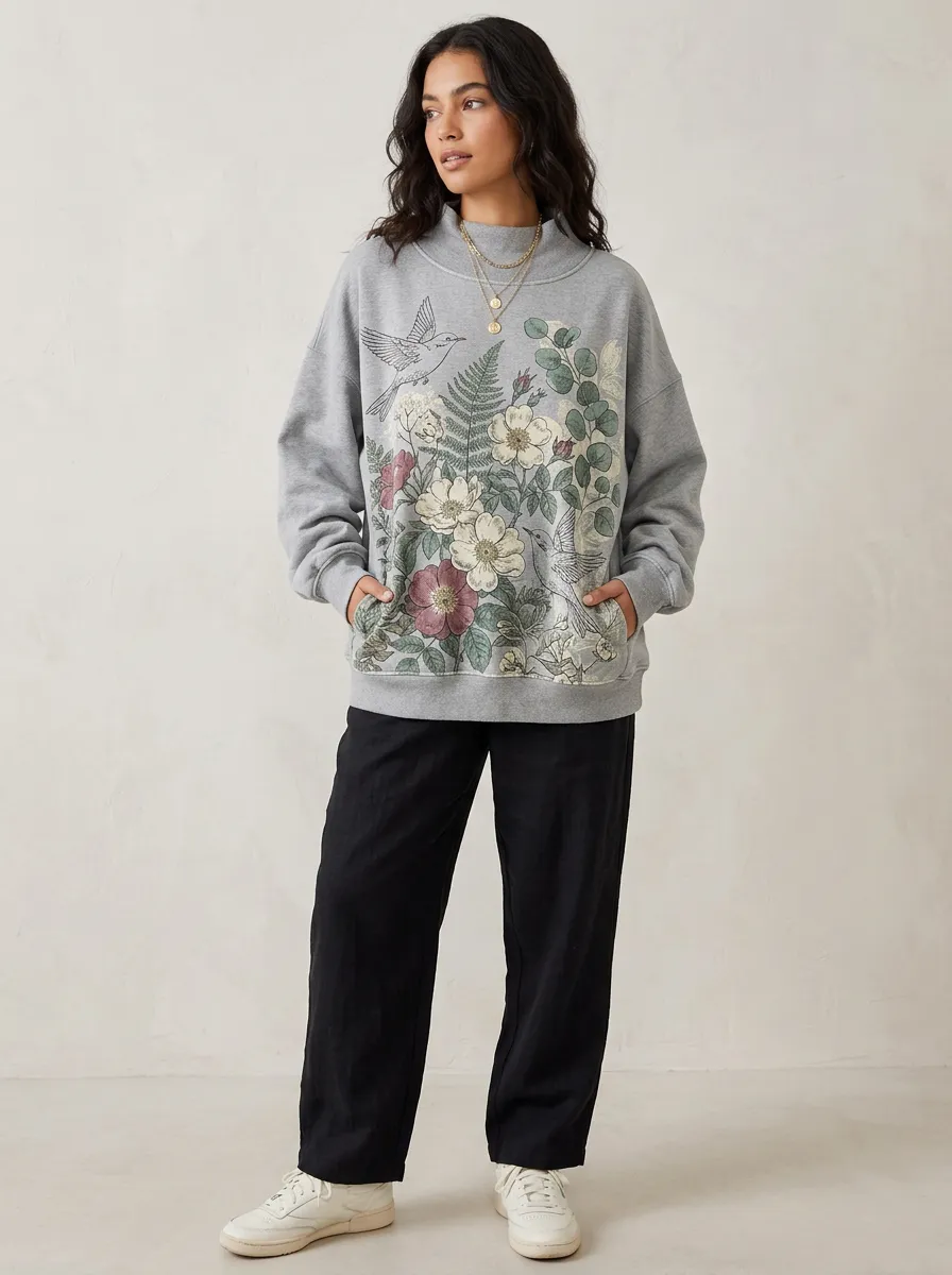 Women's Nature Lover Hummingbird Floral Botanical Printed Sweatshirt