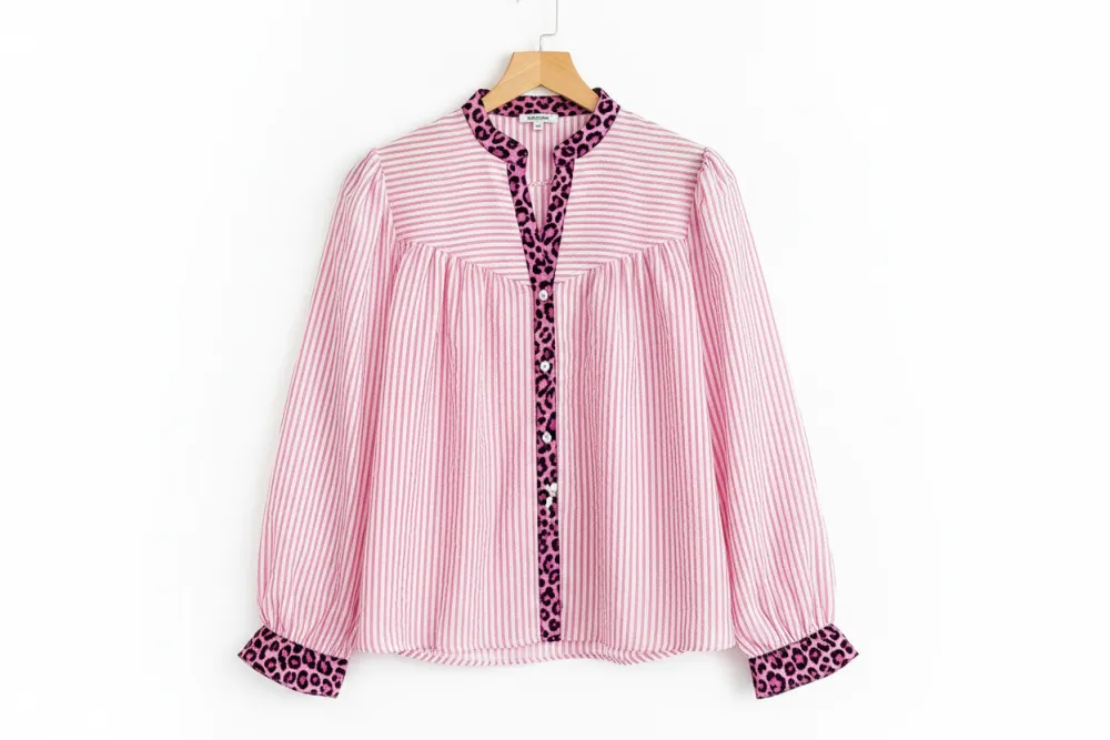 Striped Leopard Print Patchwork Shirt Blouse