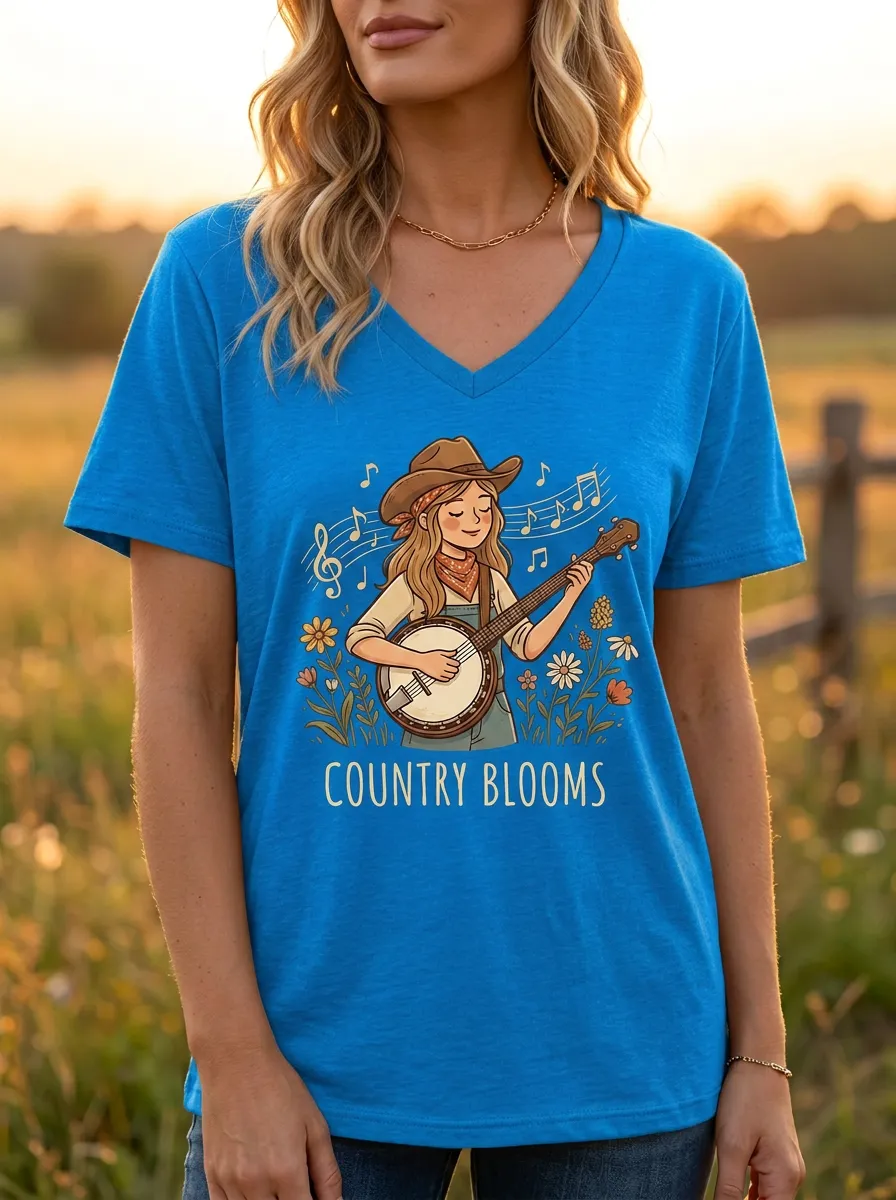Country Music Banjo Player Floral V-Neck T-Shirt