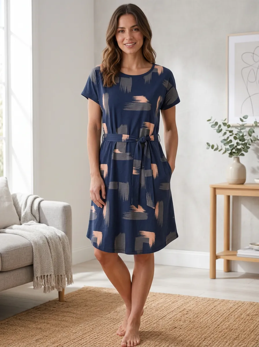 Women's Casual Fashion Abstract Brushstroke Printed Belted Dress