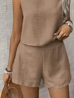 Round-Neck Lace Shorts Matching Set