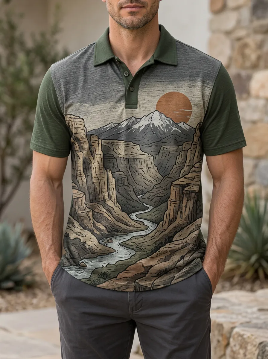 Men's Nature Lover Grand Canyon Sunset Printed Polo Shirt