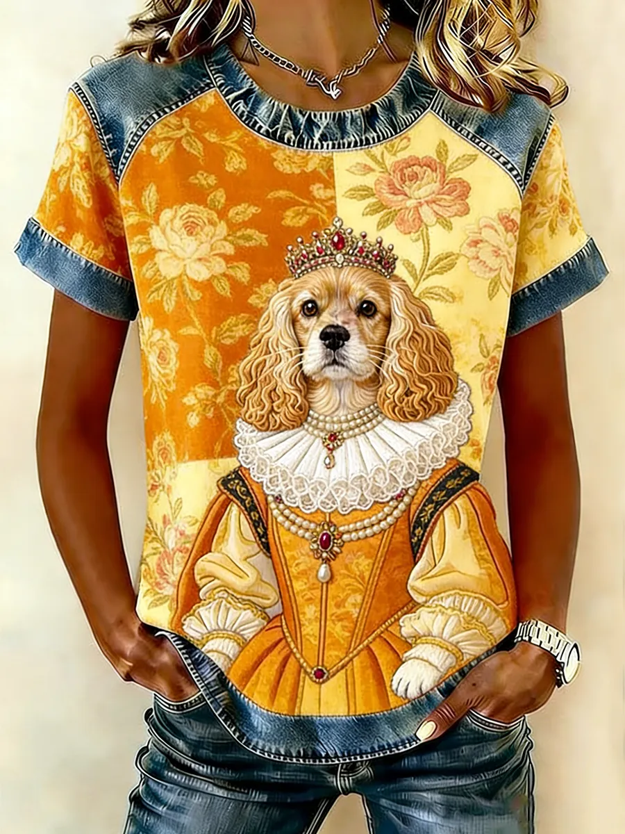 Women's Vintage Royal Cavalier King Charles Spaniel Crown Embroidered Patchwork T-Shirt