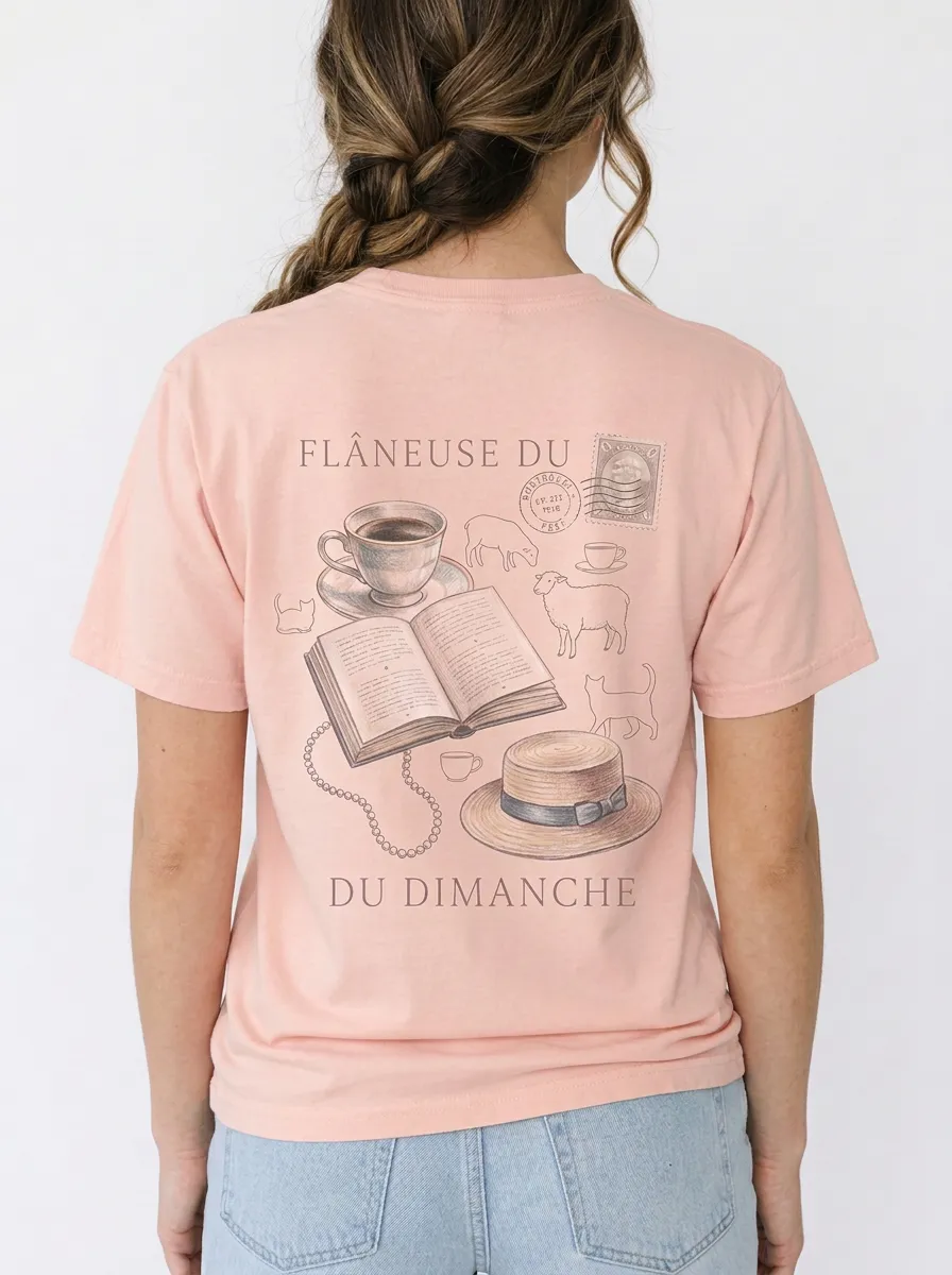 Women's French Aesthetic Book Coffee Sheep Printed T-shirt