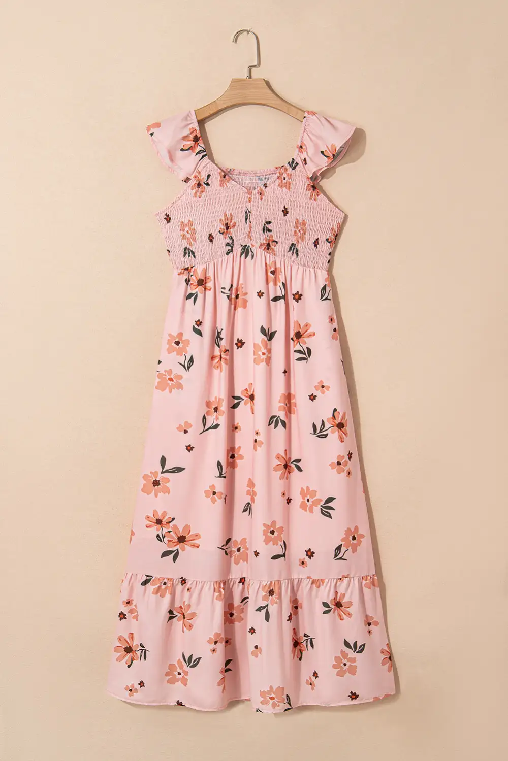 Maxi Floral V Neck Smocked High Waist Ruffle Hem