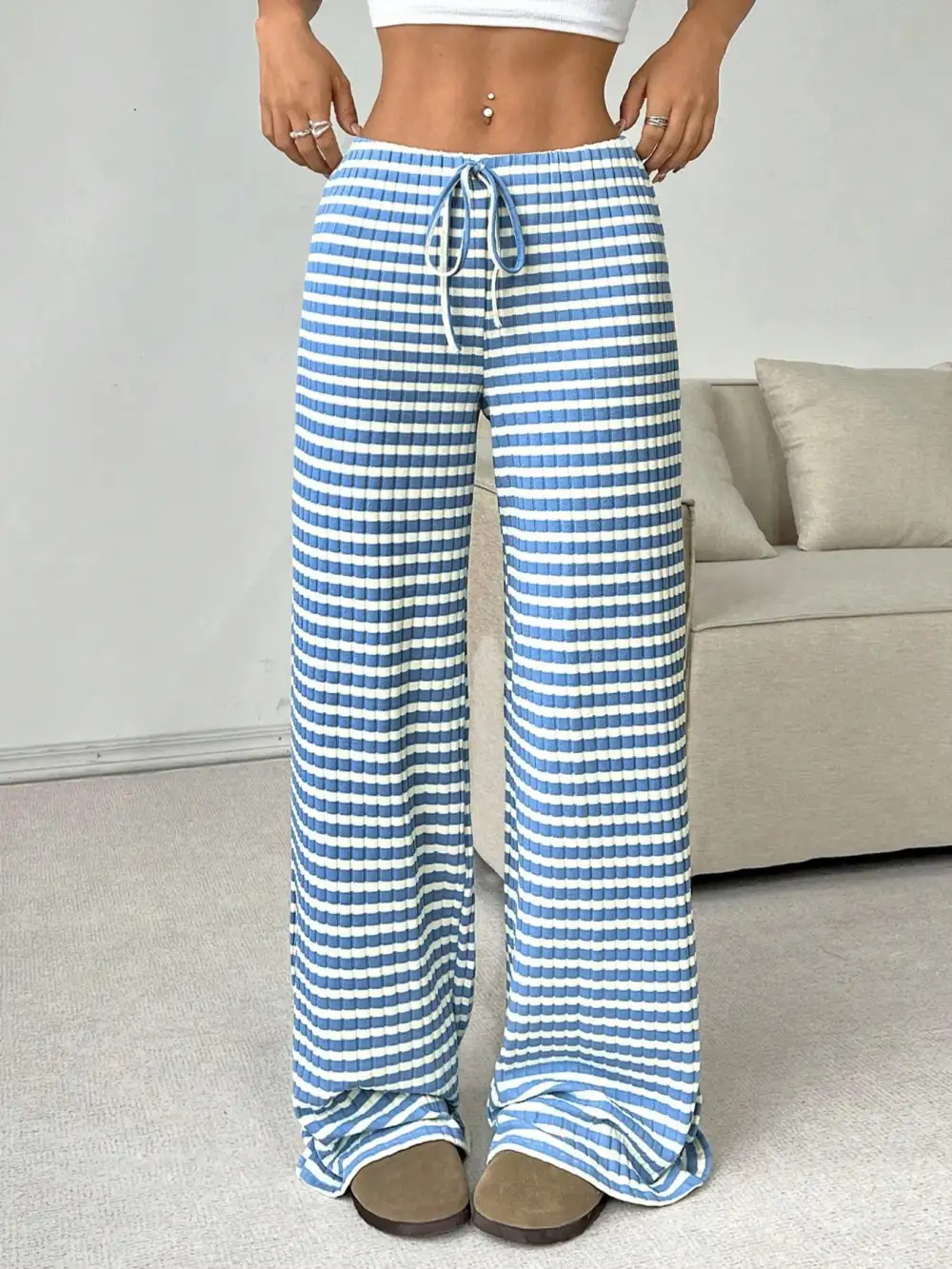 Wide Leg Drawstring Striped Casual Pants