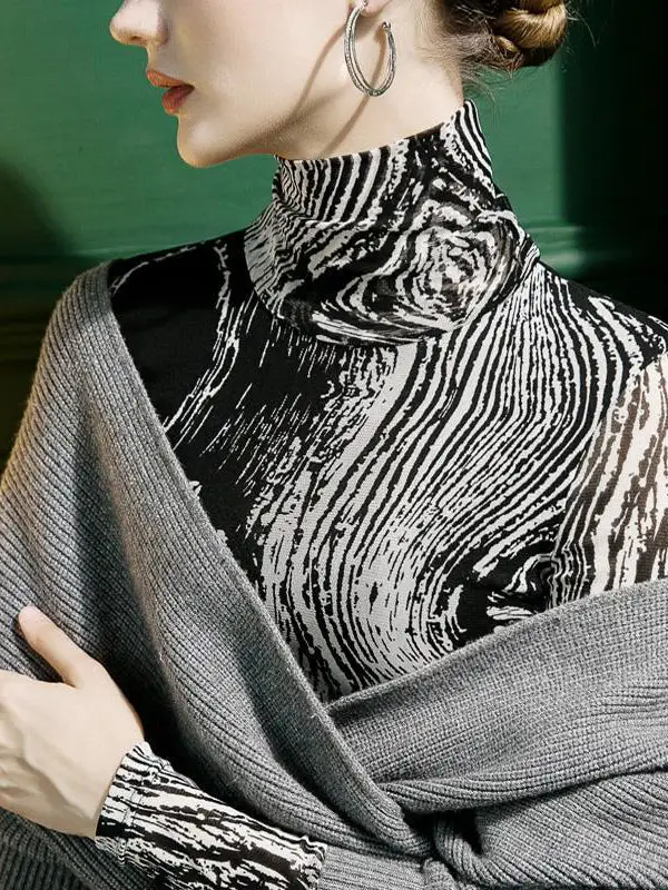 Fit Print High Neck Long Sleeve Slim T-Shirt