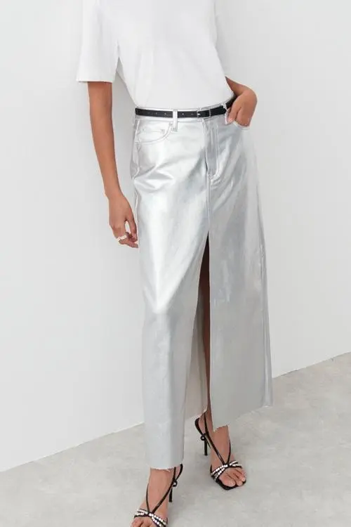Metallic Maxi Slit Skirt
