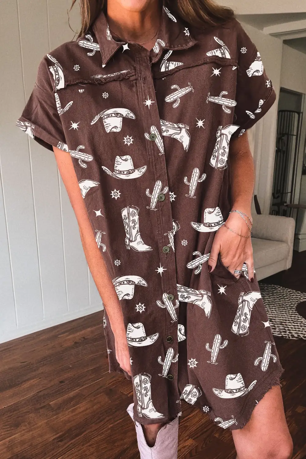 Cowgirl Hats Boots Cactus Print Raw Edge Button Down Short Denim Dress