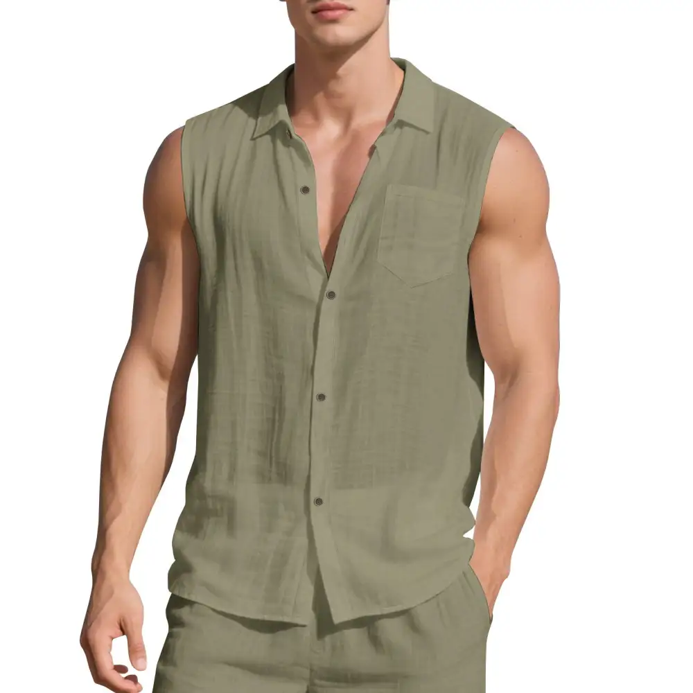Men's Sleeveless Linen Shirt With Lapel Collar Chest Pocket And Continuous Button Placket