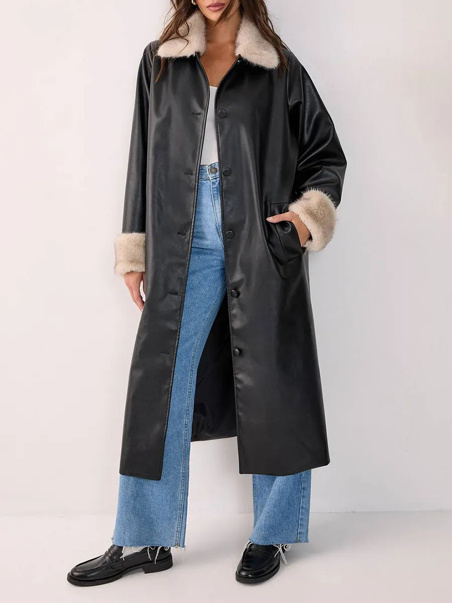 Women's Vintage-Style Faux Fur Collar Leather Long Jacket